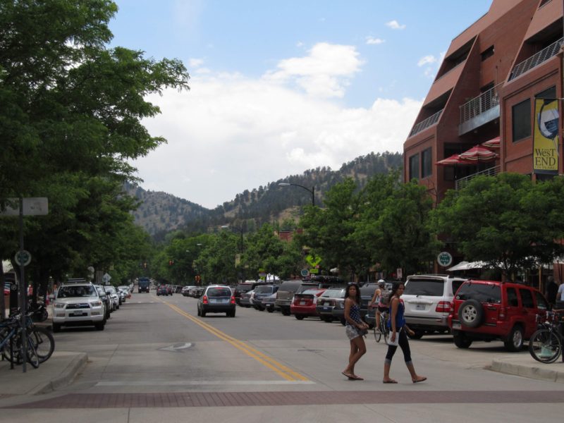 This is actually the first non-pedestrian block at the west end of the Pearl Street Mall; see how different it is to the Mall itself.