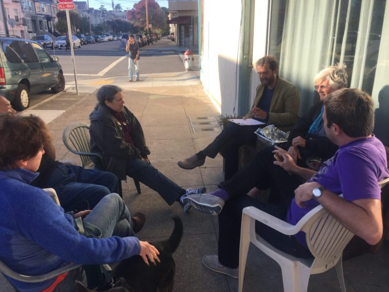 Block party sidewalk meeting